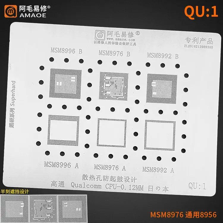 Amaoe BGA reballing stencil for Qualcomm CPUs QU1 to QU8, 0.12mm thickness, compatible with Phonefix rework tools.