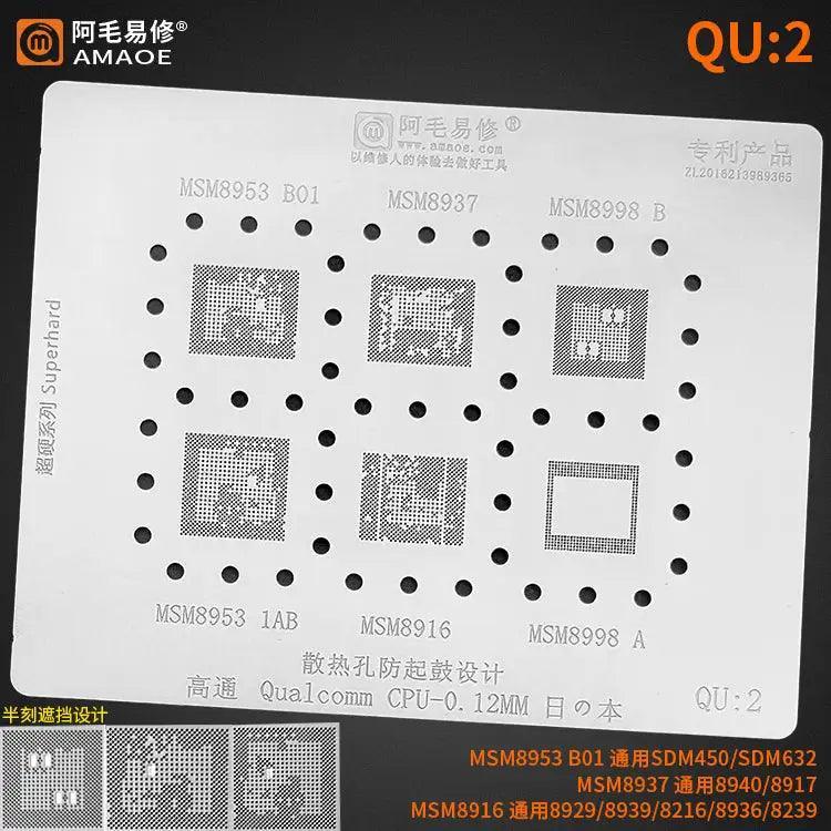 Amaoe BGA reballing stencil for Qualcomm CPU QU1-QU8, 0.12mm, used for mobile phone repair by PHONEFIX.