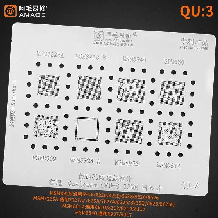 Amaoe BGA Reballing Stencil for Qualcomm CPU QU1-QU8, 0.12mm, used for reworking Qualcomm mobile device CPUs.