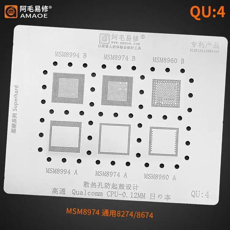 Amaoe BGA reballing stencil for Qualcomm CPU QU1-QU8, 0.12mm, designed for phone repair and reballing applications.