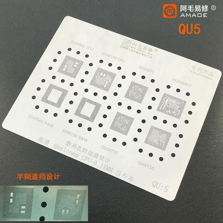 Amaoe BGA Reballing Stencil for Qualcomm CPU QU1-QU8, 0.12mm, compatible with PhoneFix, used for reballing Qualcomm chips.