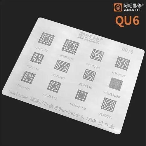 Amaoe BGA Reballing Stencil for Qualcomm CPUs QU1-QU8, 0.12mm, used for reballing Qualcomm mobile device chips.