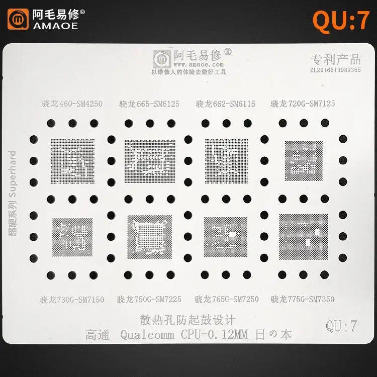Amaoe BGA reballing stencil for Qualcomm CPU QU1-QU8, 0.12mm, used for reballing Qualcomm chips in electronic repairs.