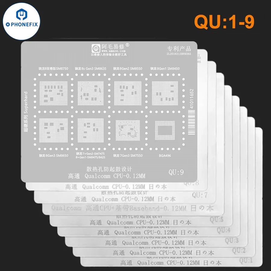 Amaoe BGA reballing stencil for Qualcomm CPU QU1-QU8, 0.12mm thickness, designed for precise reballing repair.