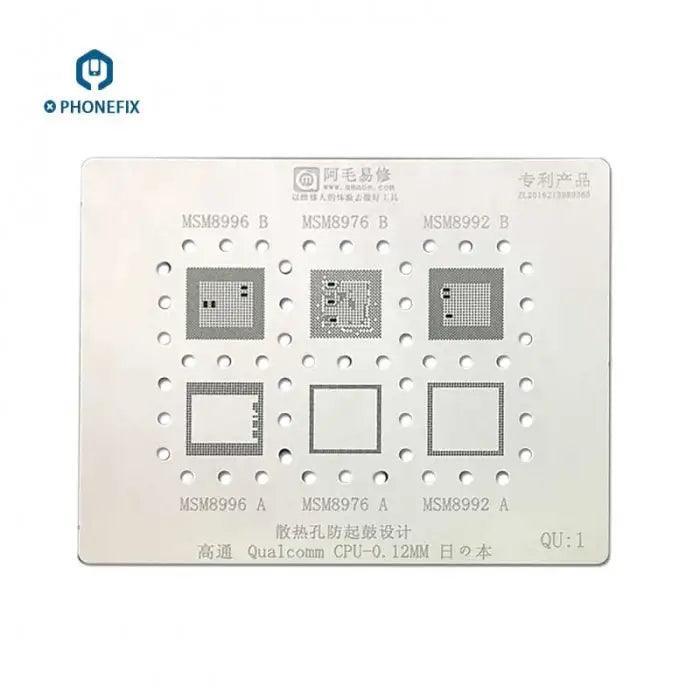 Qualcomm MSM Series CPU BGA reballing stencil template by PHONEFIX, showing detailed metal and plastic stencil for reballing process.