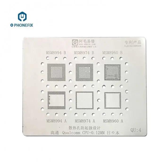 Qualcomm Qu1234 MSM series CPU BGA reballing stencil template by PHONEFIX, showing detailed metal mesh pattern for precise rework.