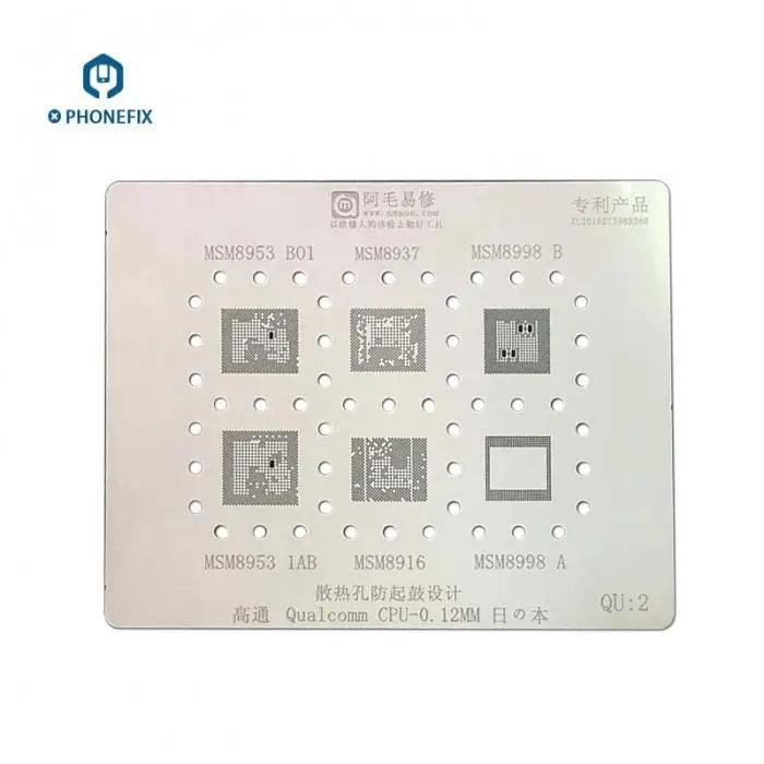 Qualcomm MSM Series CPU BGA reballing stencil template by PHONEFIX, showing detailed grid pattern for reworking Qualcomm chips.