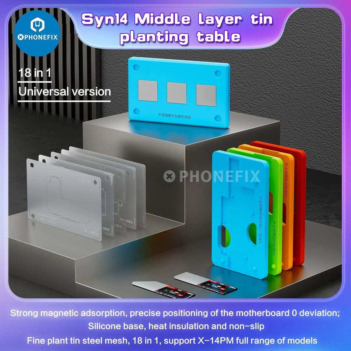 PhoneFix RL-601T BGA reballing stencil for iPhone X-17, used for precise reballing and planting on the middle layer.