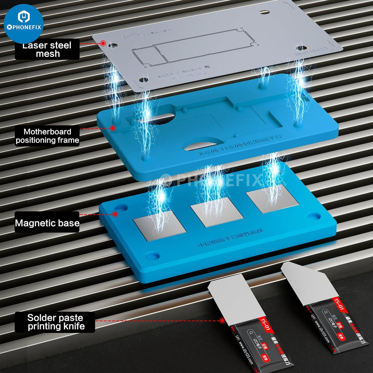 PHONEFIX RL-601T BGA Reballing Stencil for iPhone X-17, middle layer planting platform, precision BGA reballing tool.