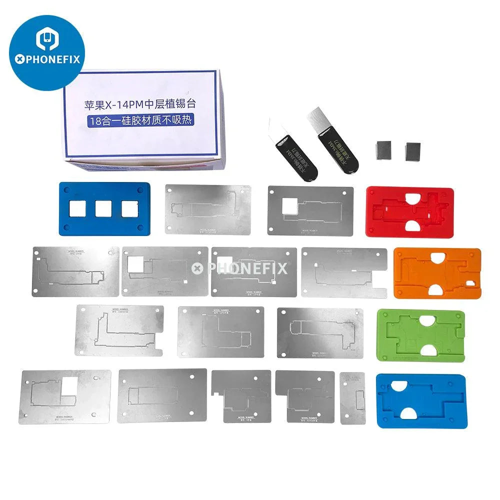 PhoneFix RL-601T BGA reballing stencil for iPhone X-17, middle layer platform for precise BGA reballing and planting.