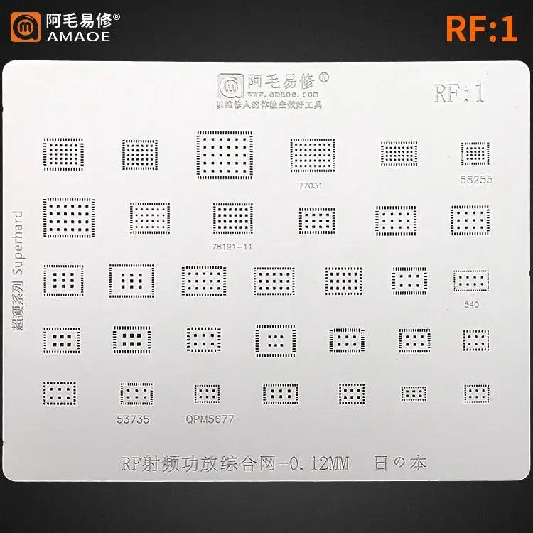 RF1 RF2 AMAOE BGA reballing stencil for phone amplifier RF IC, used for precise reworking of mobile device components.