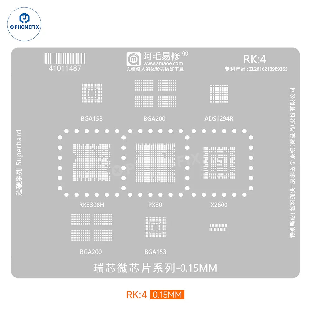 PHONEFIX AMAOE RK4 Rockchip BGA Reballing Stencil for RK1/2/3/4 chip series, showing detailed stencil layout on a white background.