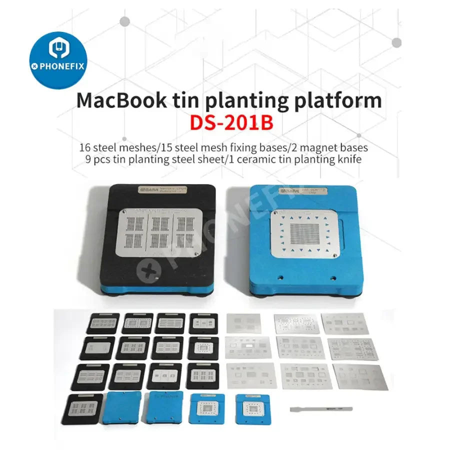 PhoneFix magnetic BGA reballing stencil for MacBook RAM, NAND, T1, T2, PMU, and WiFi chips, used for small BGA rework.