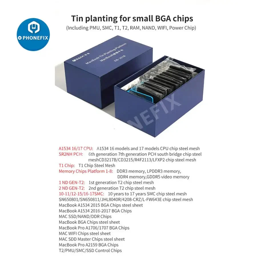 PhoneFix magnetic BGA reballing stencil for MacBook RAM NAND T1 T2 PMU WIFI chips, used for precise reballing and repair.