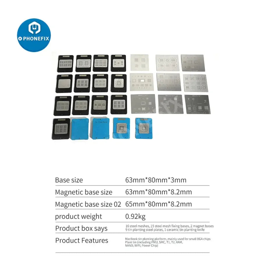 PHONEFIX Magnetic BGA Reballing Stencil for MacBook RAM NAND T1 T2 PMU WIFI chips, small BGA reballing platform.