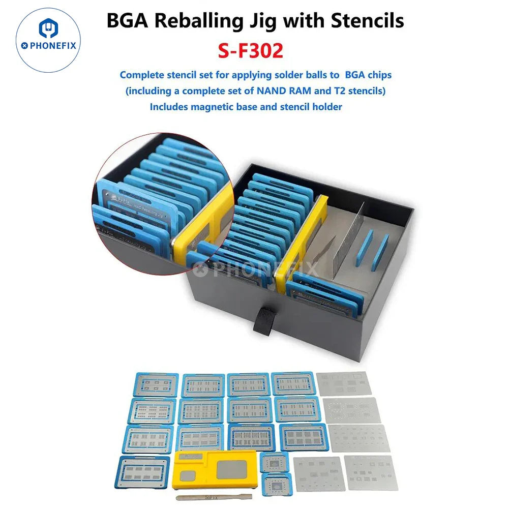 Magnetic BGA reballing stencil for MacBook RAM, NAND, T1, T2, PMU, and WiFi chips, used for electronic repair and reballing.