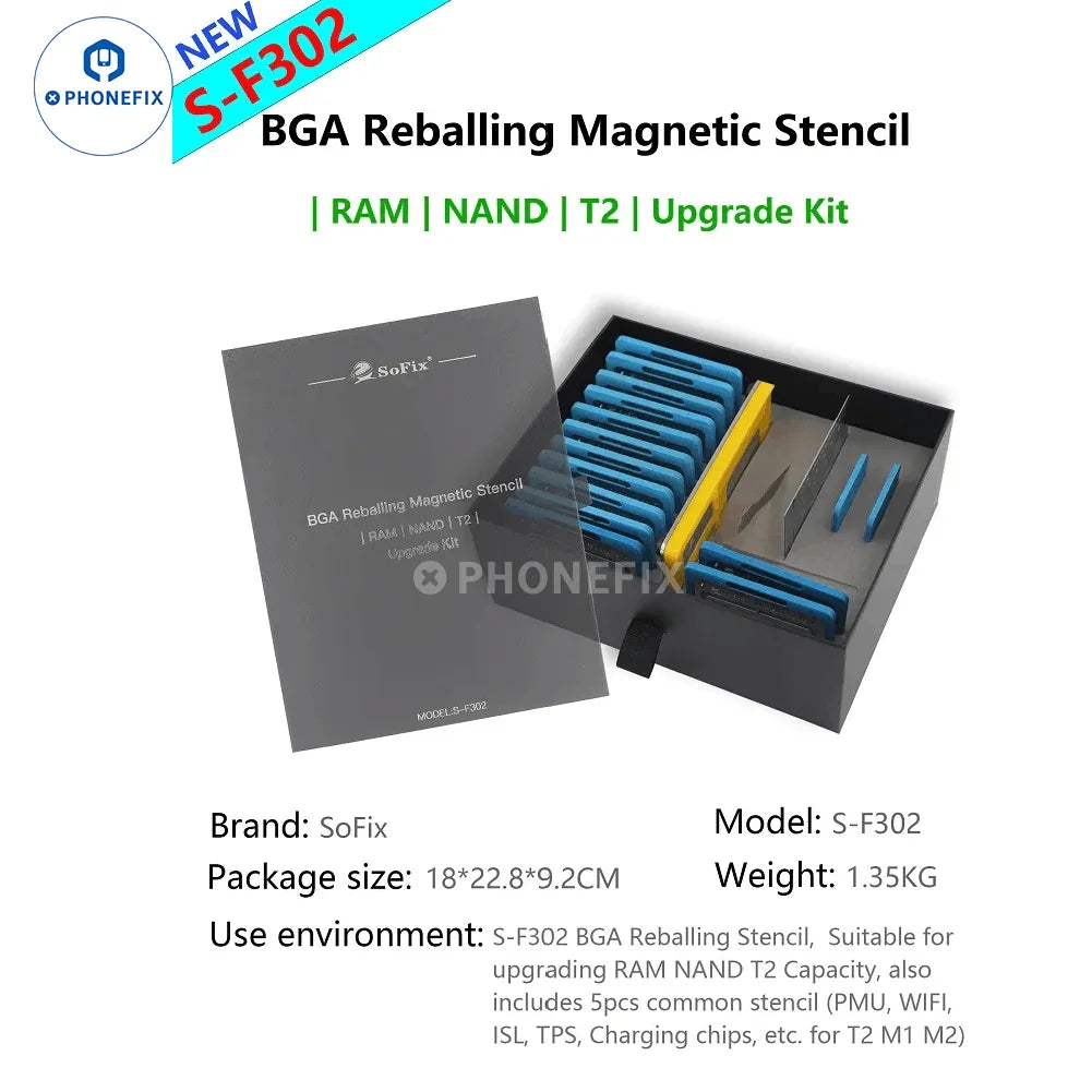 Magnetic BGA reballing stencil for MacBook RAM, NAND, T1, T2, PMU, and WiFi chips by PHONEFIX, showing the precise stencil layout.