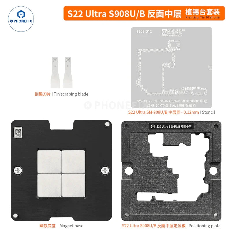 Samsung middle layer tin planting platform with BGA stencil by PHONEFIX, showing detailed metal frame and stencil openings.