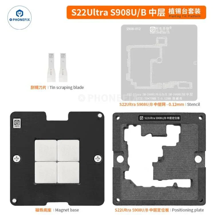 Samsung S22US908U BGA reballing stencil on AMAOE planting platform, used for precise chip reballing and repair.