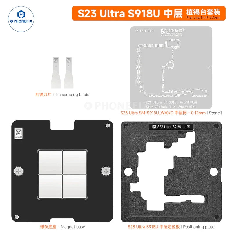Samsung BGA reballing stencil from PHONEFIX, middle layer tin plant platform for precise BGA reballing on S23US918U.