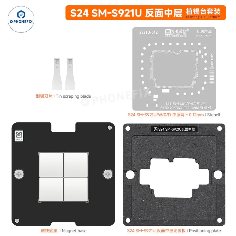 Samsung middle layer tin planting platform with BGA stencil for reballing, featuring PHONEFIX branding and S24_SM-921U model.