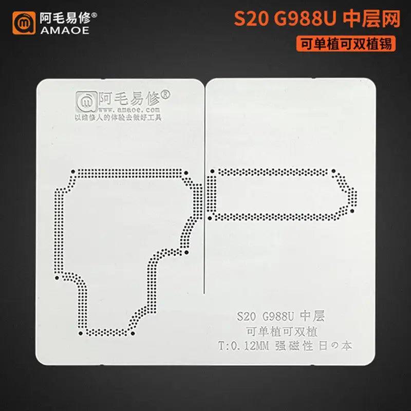 AMAOE middle layer BGA reballing stencil for Samsung S20, used for precise reballing of BGA chips on mobile devices.