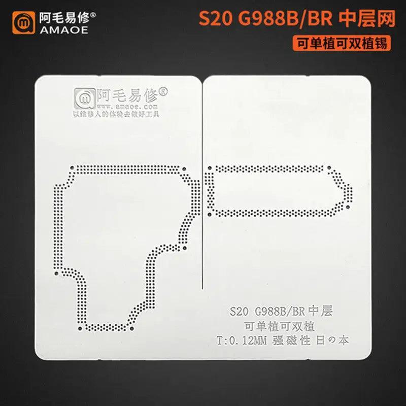 AMAOE middle layer BGA reballing stencil for Samsung S20, used for precise reballing of BGA chips on smartphones.