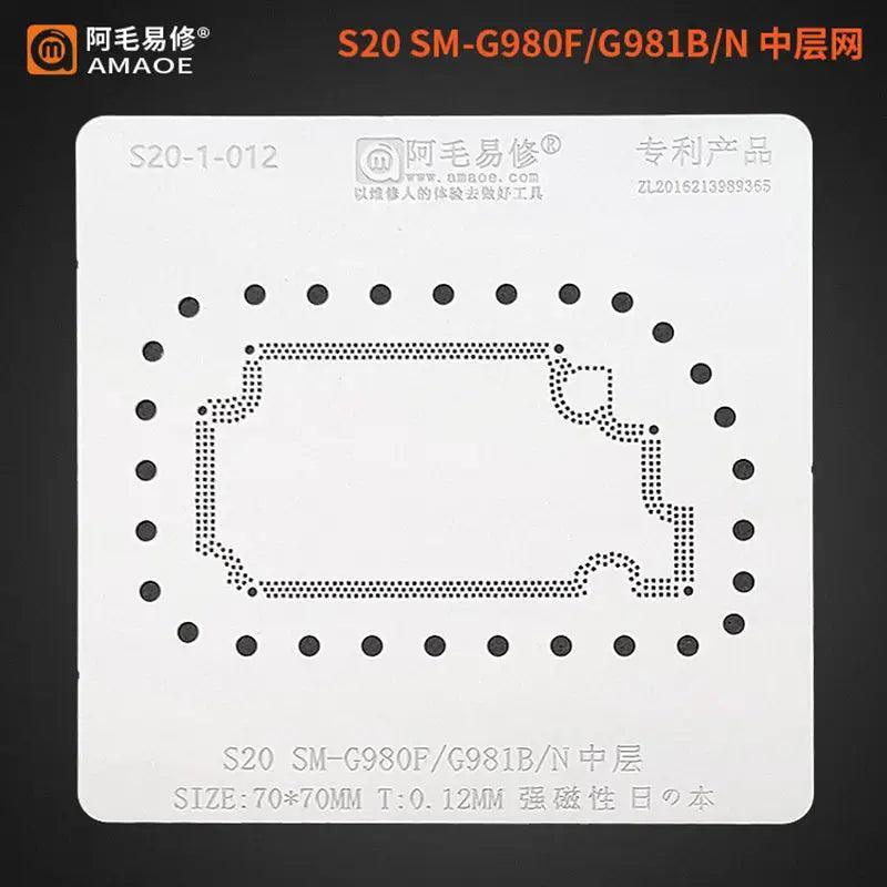AMAOE middle layer BGA reballing stencil for Samsung S20, used for precise BGA chip reballing on smartphones.