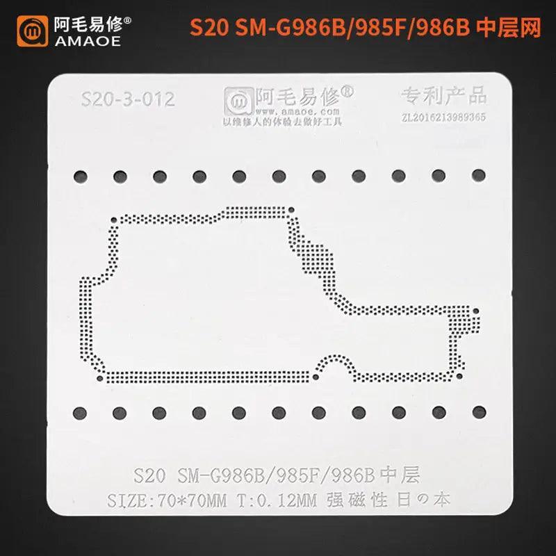 AMAOE middle layer BGA reballing stencil for Samsung S20, used for precise BGA chip reballing and repair.