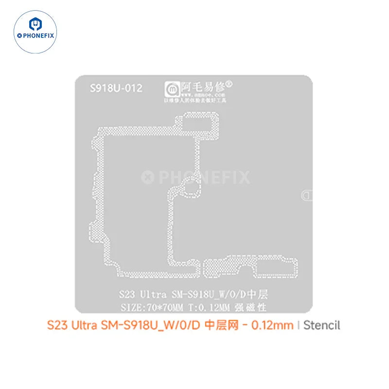 SAMSUNG S918U BGA reballing stencil by PHONEFIX, middle layer for precise reballing process, shown on an electronic component.