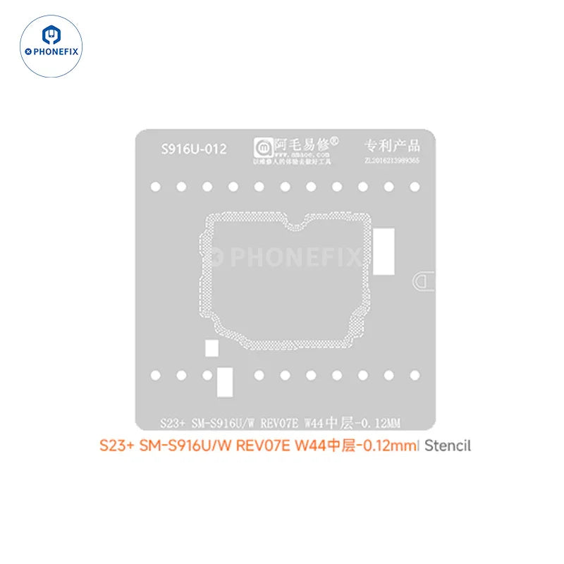 SAMSUNG S916U BGA reballing stencil by PHONEFIX, used for precise reballing of BGA chips during repair.
