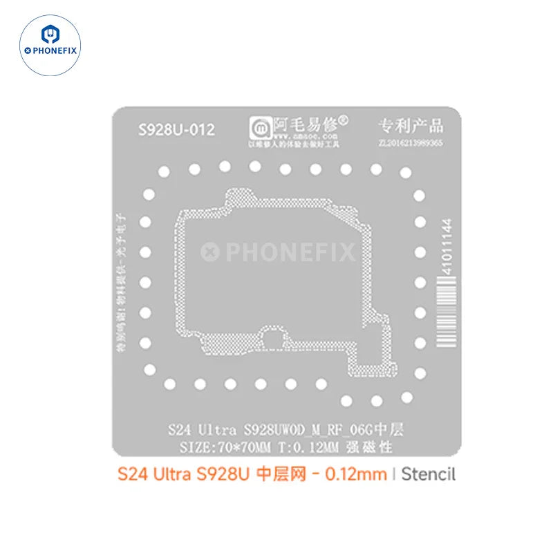 BGA reballing stencil for Samsung S24 S928U used for phone repair by PHONEFIX, featuring precise holes for BGA reballing.