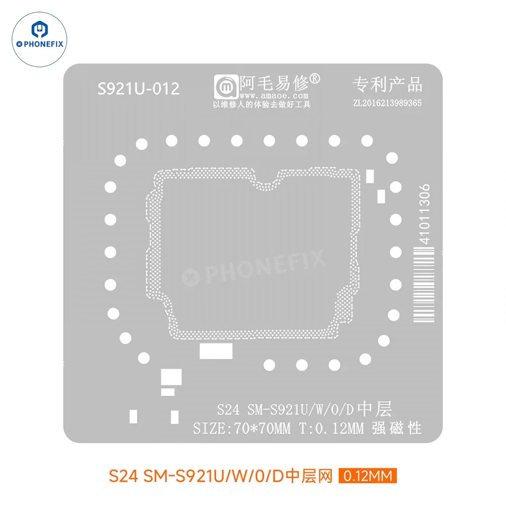 SAMSUNG S24_SM_921U BGA reballing stencil by PHONEFIX, used for precise reballing of BGA chips during repairs.