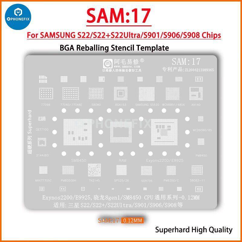 Samsung 0.12mm universal Amaoe CPU BGA reballing stencil by PHONEFIX, showing the precision metal stencil for reballing processes.