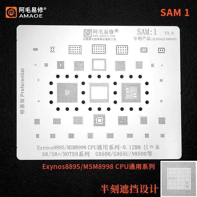 Samsung CPU BGA reballing stencil by PHONEFIX, 0.12mm universal Amaoe stencil for precise reballing repairs.