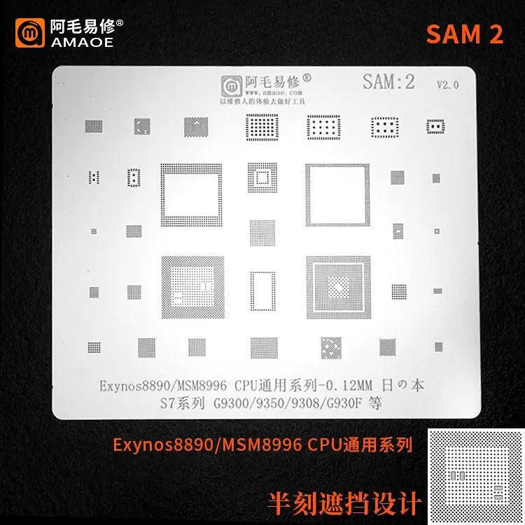 Samsung CPU BGA reballing stencil by PHONEFIX, 0.12mm universal Amaoe stencil for precise BGA chip reballing process.