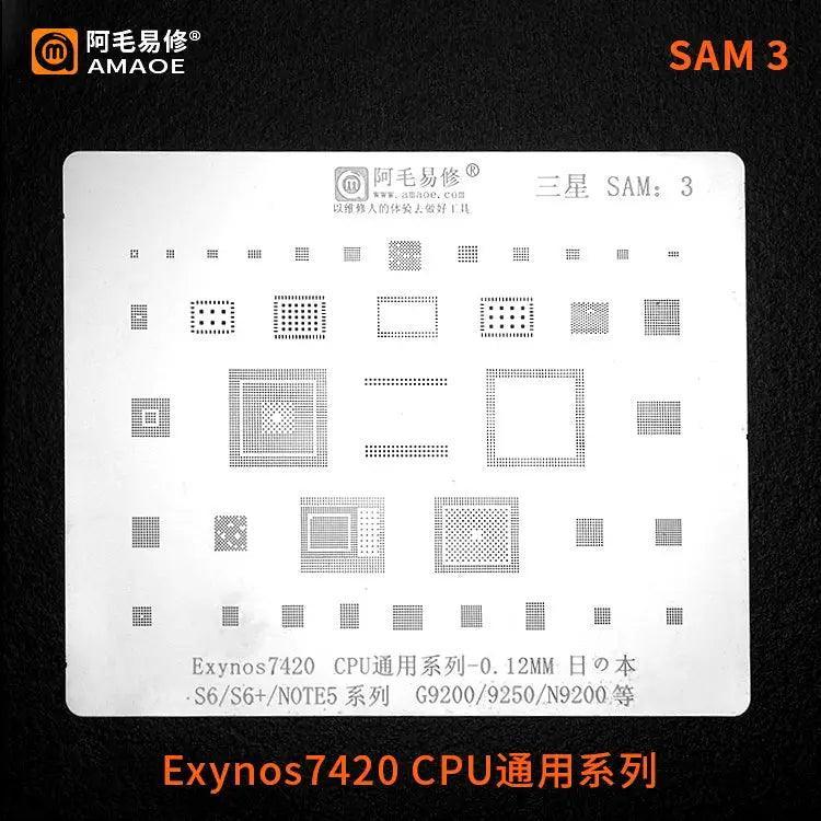Samsung 0.12mm universal Amaoe CPU BGA reballing stencil by PHONEFIX, showing a detailed metal stencil with precise openings.