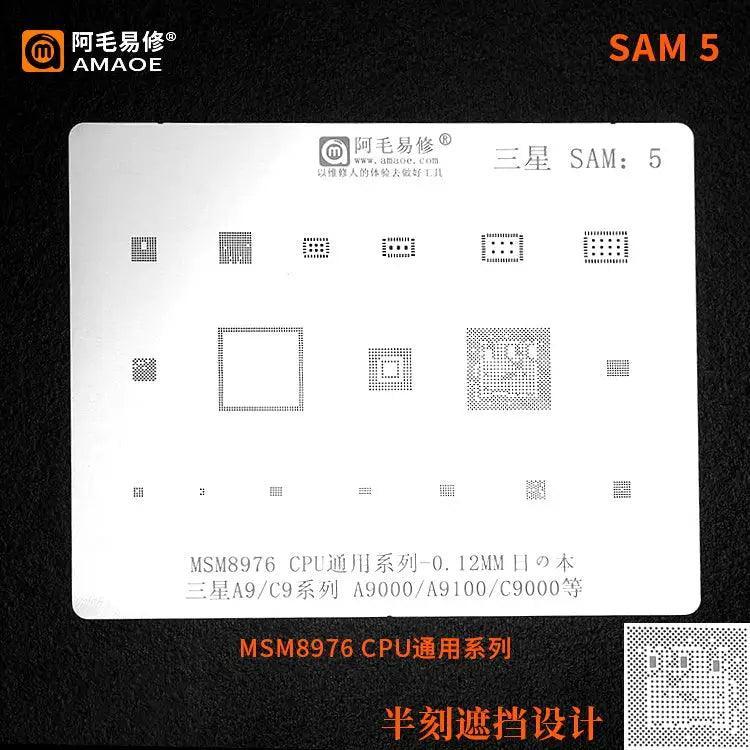 Samsung CPU BGA reballing stencil by PHONEFIX, 0.12mm universal Amaoe stencil for precise BGA reballing repair.