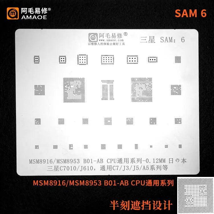 Samsung CPU BGA reballing stencil by PHONEFIX, 0.12mm universal Amaoe stencil for precise reballing repair work.