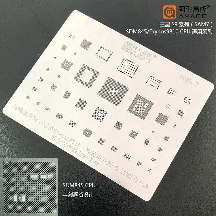 Samsung CPU BGA reballing stencil by PHONEFIX, 0.12mm universal Amaoe stencil for precise reballing and repair work.