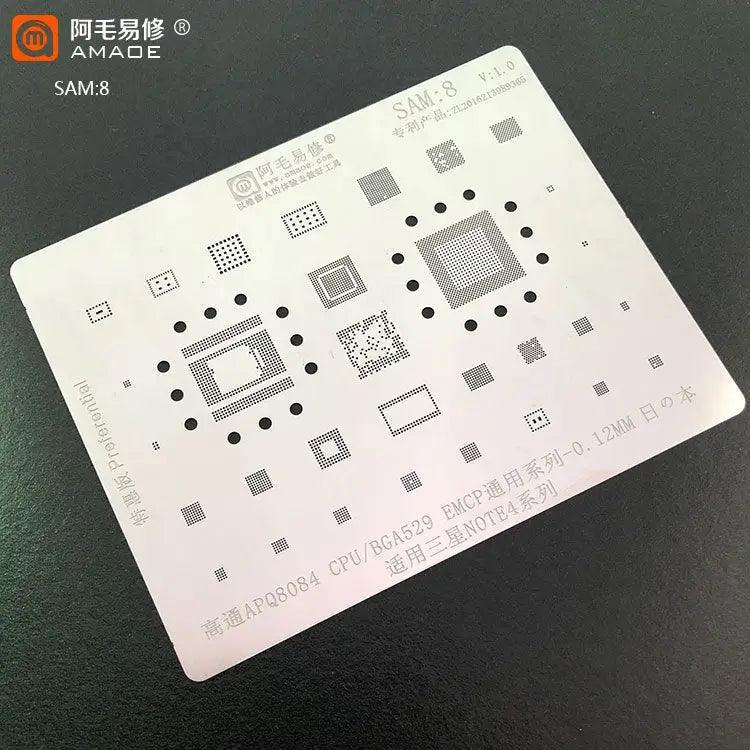 Samsung 0.12mm universal Amaoe CPU BGA reballing stencil by PHONEFIX, showing the precision metal stencil with grid pattern for reballing.