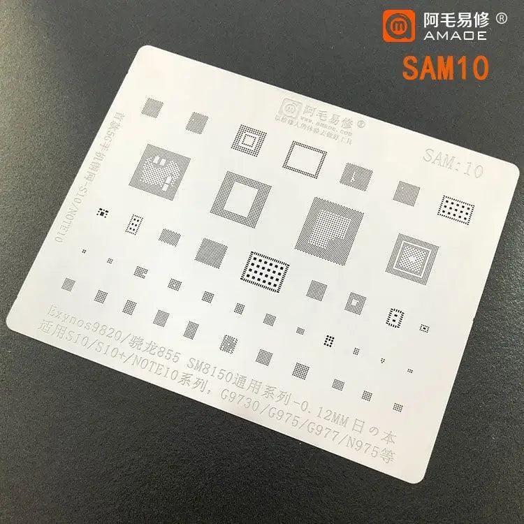 Samsung CPU BGA reballing stencil by PHONEFIX, 0.12mm universal Amaoe stencil for precise BGA rework and reballing.