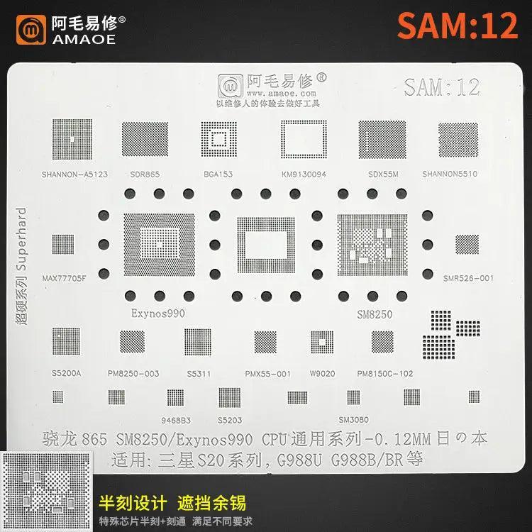 Samsung CPU BGA reballing stencil by PHONEFIX, 0.12mm universal Amaoe stencil for precise reballing and repair.