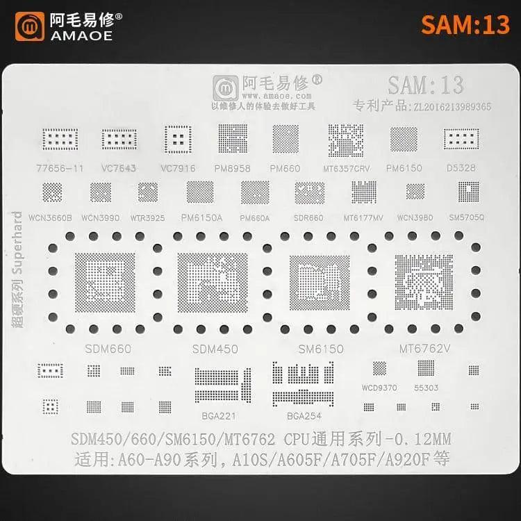 Samsung CPU BGA reballing stencil by PHONEFIX, 0.12mm universal Amaoe stencil for precise reballing repair work.