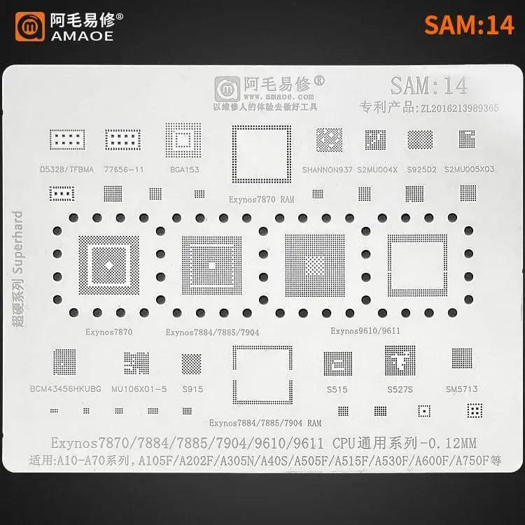 Samsung BGA reballing stencil by PHONEFIX, 0.12mm universal Amaoe CPU stencil for precise reballing of BGA chips.