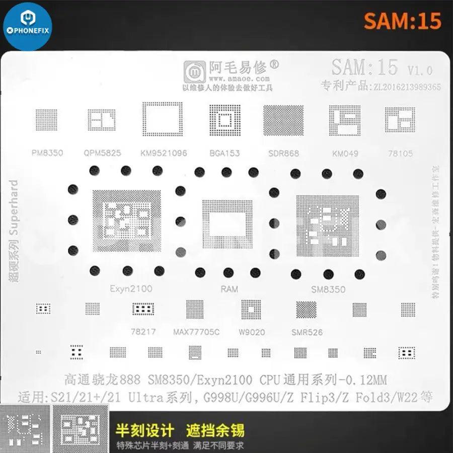 Samsung 0.12mm universal Amaoe CPU BGA reballing stencil by PHONEFIX, showing detailed metal mesh and precise pattern for reballing.