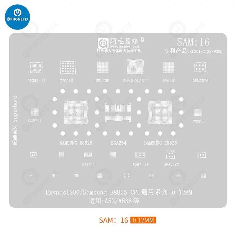 Samsung CPU BGA reballing stencil by PHONEFIX, 0.12mm universal Amaoe stencil for precise chip reballing repair.