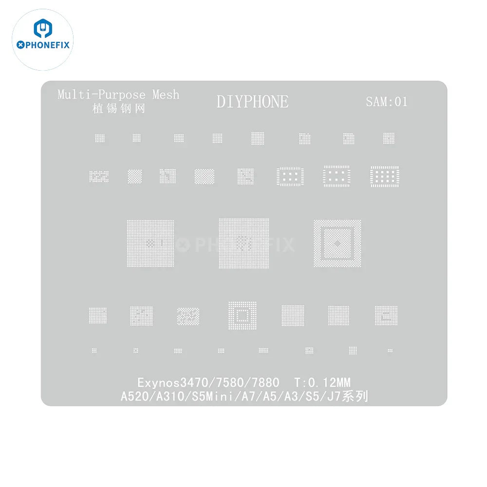 Samsung 0.12mm universal Amaoe BGA reballing stencil by PHONEFIX, showing the detailed metal mesh design for CPU reballing.
