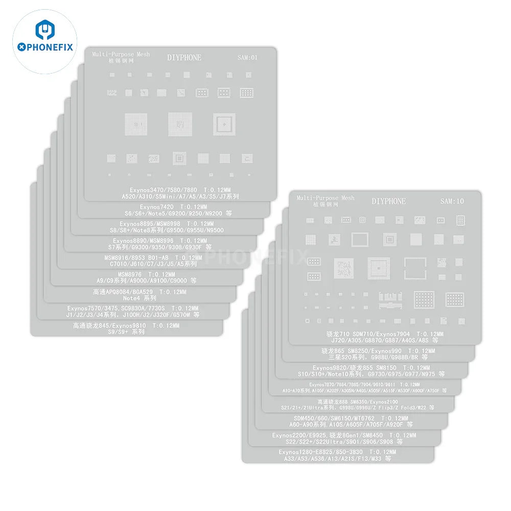 Samsung BGA Reballing Stencil by PHONEFIX, 0.12mm universal Amaoe CPU stencil for precise reballing and repair.