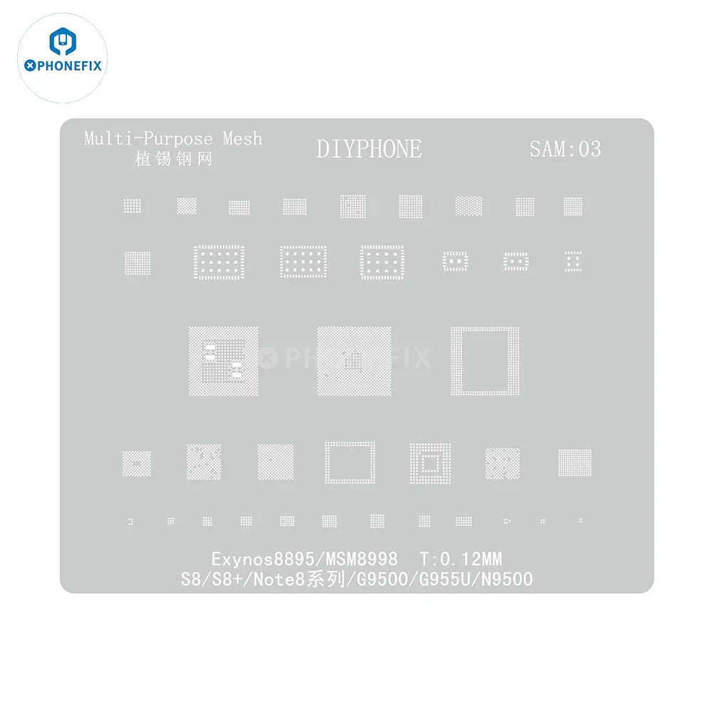 Samsung 0.12mm universal BGA reballing stencil for CPU repair by PHONEFIX, shown in SIM3_-01.jpg